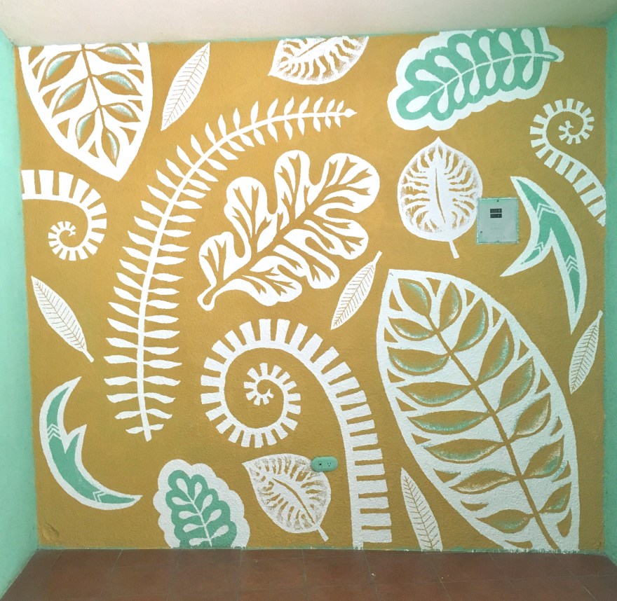 Mustard, aqua and white hand-painted interior mural by Madeline Kreider Carlson